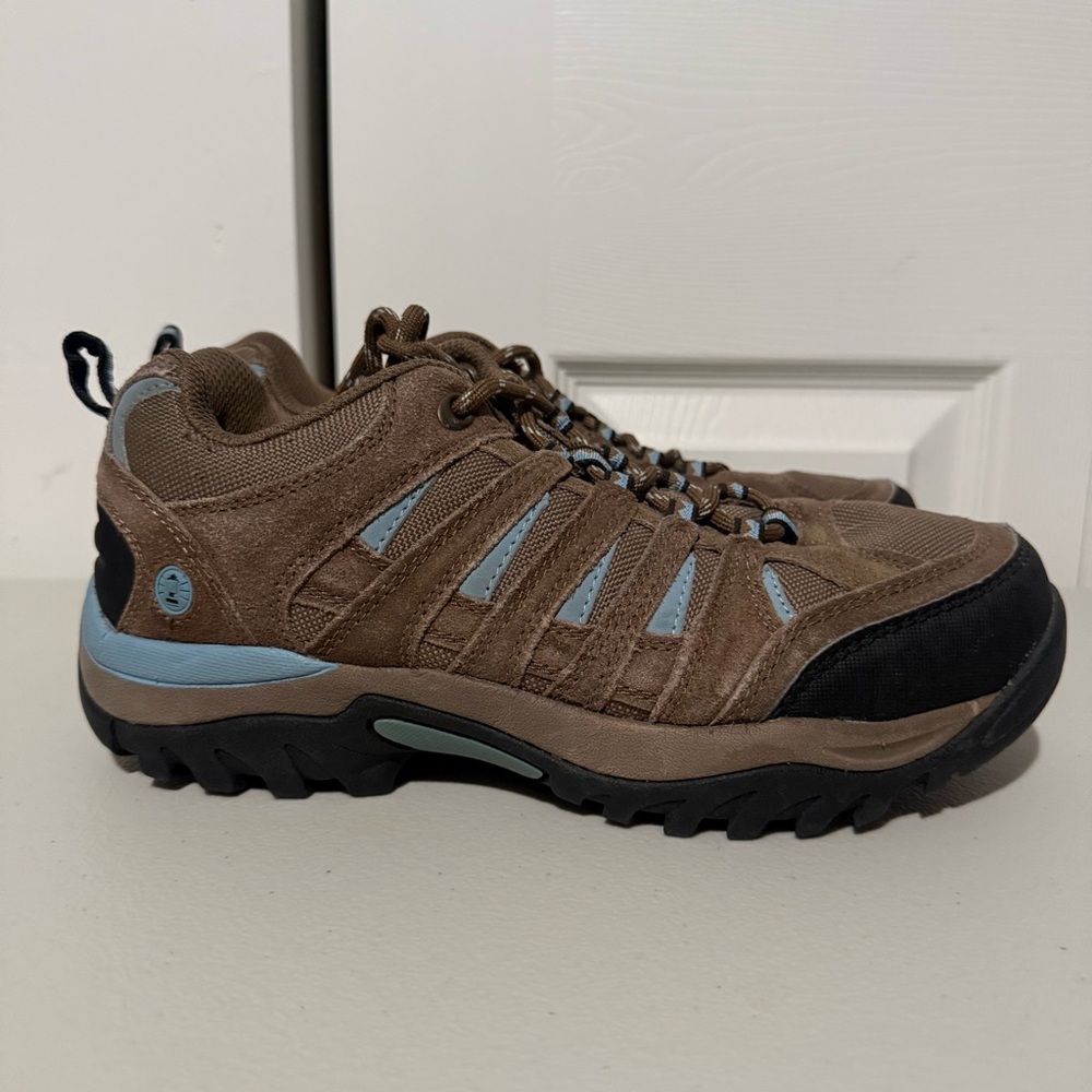 Coleman Crescent Hiker Shoes Womens Size 7.5 Brown Leather/Lt Blue Trim